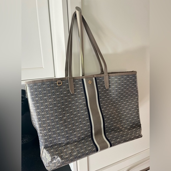 Tory Burch Gray Geometric Tote Bag Grey Leather Trim Purse Print Handles Pocket - Picture 7 of 13